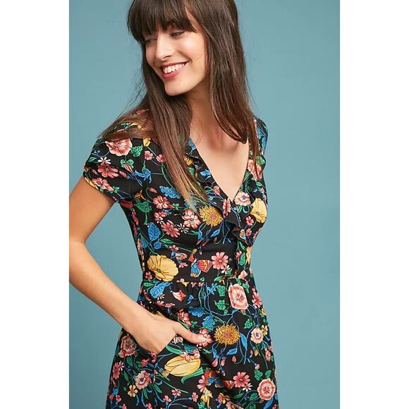 Anthropologie Maeve Bloedel Floral Mini Dress Black Size 0 - Picture 2 of 13